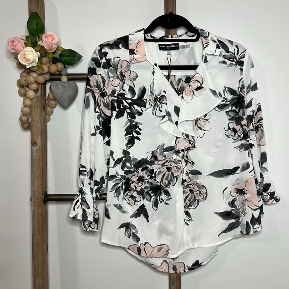 Karl Lagerfeld Paris NWT Floral Multicolor Long Sleeve Blouse Size Small - Picture 1 of 7